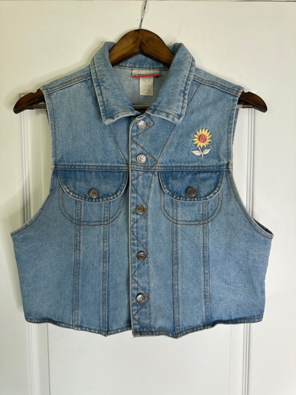 Y2K Moda International Forelli Light Wash Denim Vest Vintage Sunflower